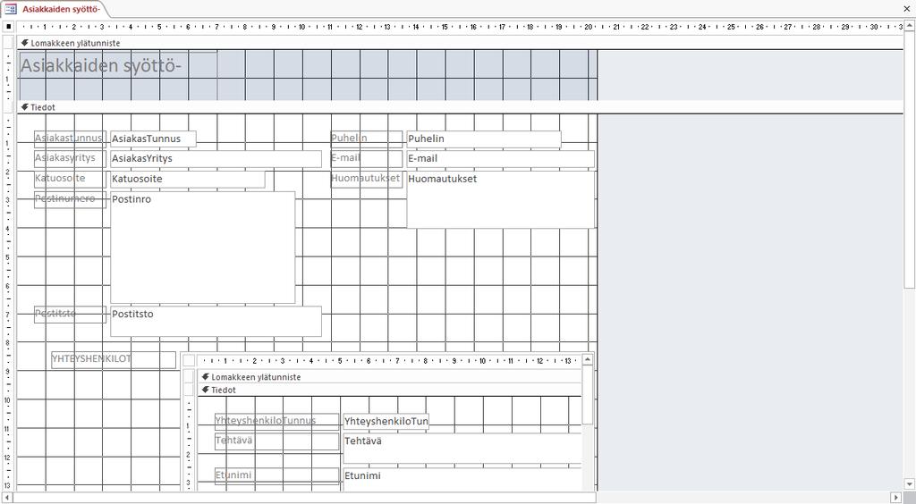 Lomakkeen muokkaaminen Harjoitustiedosto: Asiakasrekisteri-2013.accdb Avaa Asiakkaiden syöttö -lomake rakennenäkymään.