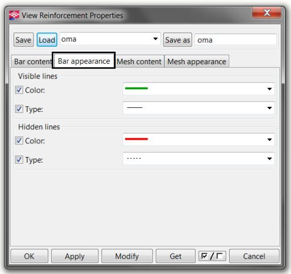 Taaskaan ei paineta modify-nappia. Kuva 6. View reinforcement properties (näkymän raudoituksen ominaisuudet) -valikon bar content (tangon sisältö) ja bar appearance (tangon ulkonäkö) -välilehdet.