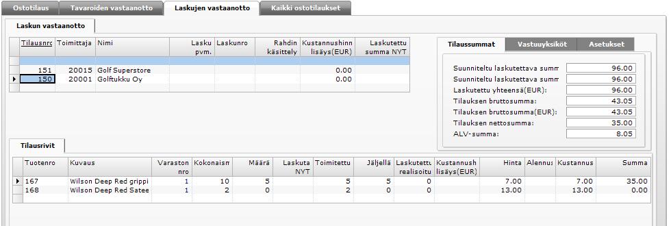 5.4.2 Osatoimitus 1. Valitse ostotilaus ylemmältä listalta. Ostotilauksen osatoimituksessa toimitettava määrä syötetään Toimita NYT -sarakkeeseen. 2.