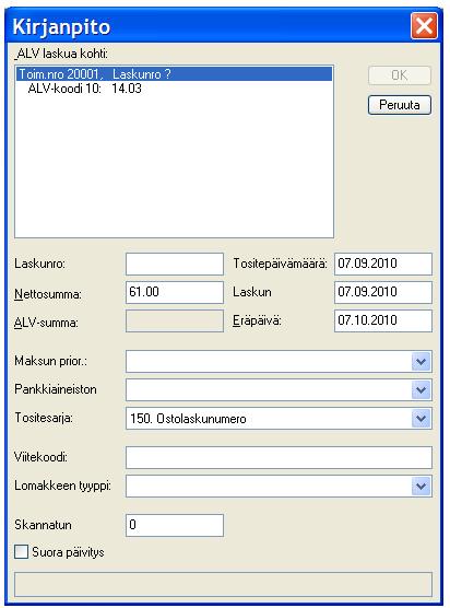 Syötä ostolaskun numero kenttään Laskunro. Tarkista laskun nettosumma kentässä Nettosumma. HUOM!