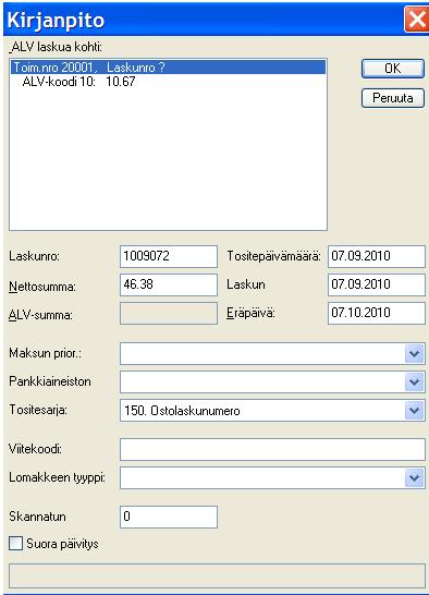 Alemman listan Tiliöintirivit-välilehdellä näet ostolaskun tiliöinnin pääkirjassa.