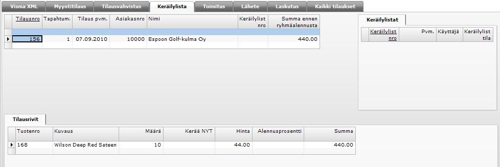 Tulostettavien tilausten valinta. 4. Tulosta valitut tilaukset painamalla ylävalintanauhan Tulostus-painiketta. Tilaus on nyt päivitetty ja tilaksi on muuttunut Valmis toimitettavaksi. 6.
