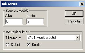 2010, 0 = kuluva kuukausi (syyskuu), 1 = seuraava kuukausi (lokakuu), -1 = edellinen kuukausi (elokuu). Kesto. Määritä, kuinka monelle kuukaudelle summa jaetaan. Esimerkissä 2. Tilinumero.