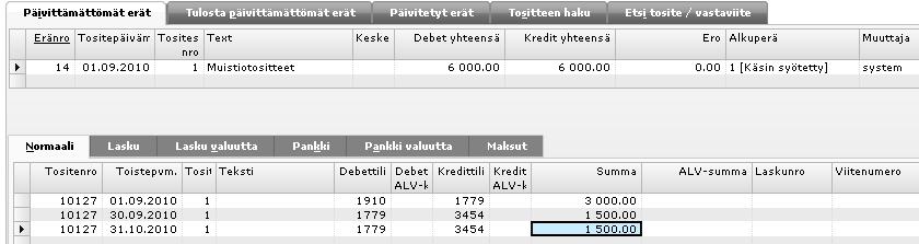 Jaksotetut rivit. 10. Paina Tallenna tai CTRL+S. 7.4.1.2 Jaksotuksen manuaalinen käynnistäminen Tätä vaihtoehtoa käytät, kun et ole määritellyt tilille Jaksotus-kenttää tilikartan välilehdellä Yleistä.