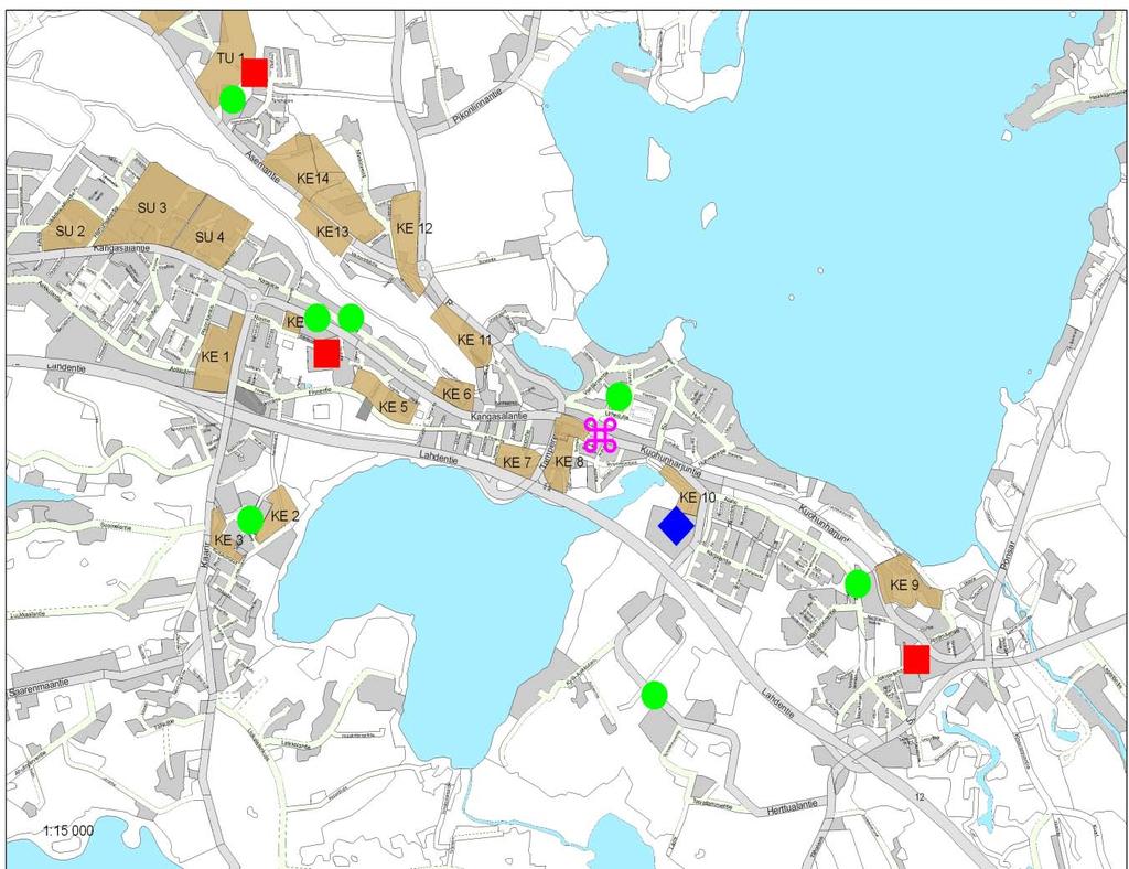 = kirjasto = päiväkoti = alakoulu = terveyskeskus Kuvio 9: Keskusta-alueen palvelut ja suunnitellut rakentamiskohteet Kirkonkylän alueen palvelut ja kehittämiskohteet Kirkonkylä on keskitettyjen