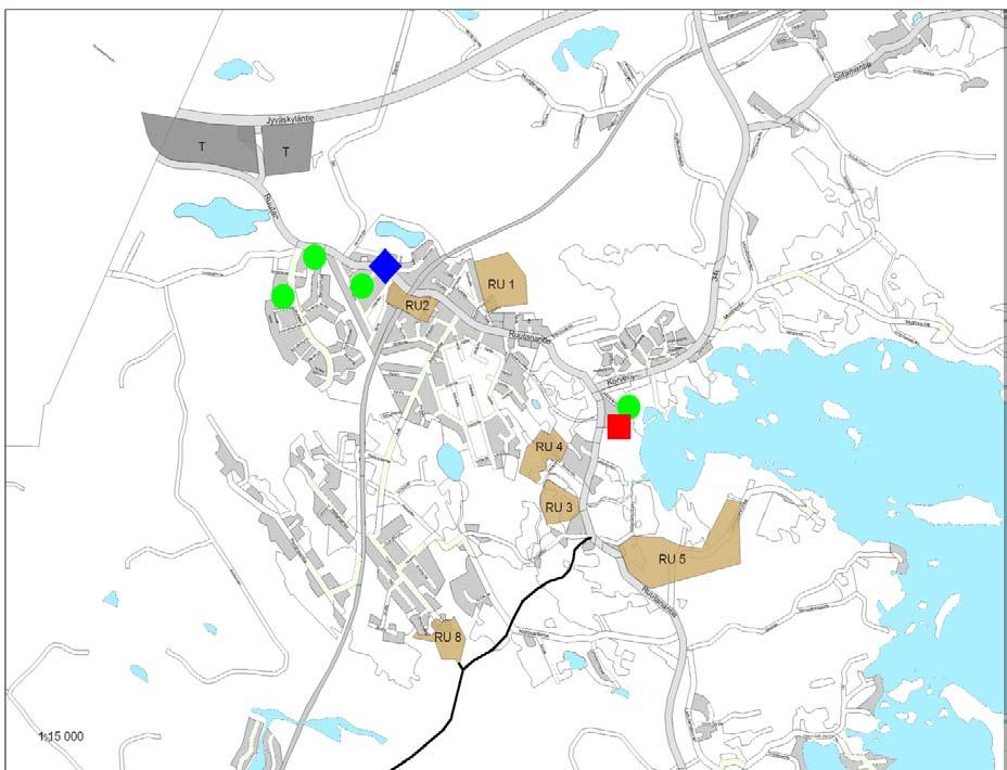 = päiväkoti = alakoulu = terveyskeskus Kuvio 14: Ruutanan alueen palvelut ja suunnitellut rakentamiskohteet Alueen palvelut ja kehittämiskohteet Ruutanan aluetta kehitetään maltillisella
