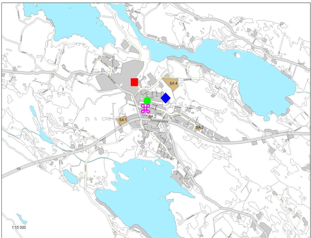 = kirjasto = päiväkoti = alakoulu = terveyskeskus Kuvio 21: Sahalahden palvelut ja suunnitellut rakentamiskohteet Sahalahden ja Kuhmalahden alueen palvelut ja kehittämiskohteet Tuetaan maltillista