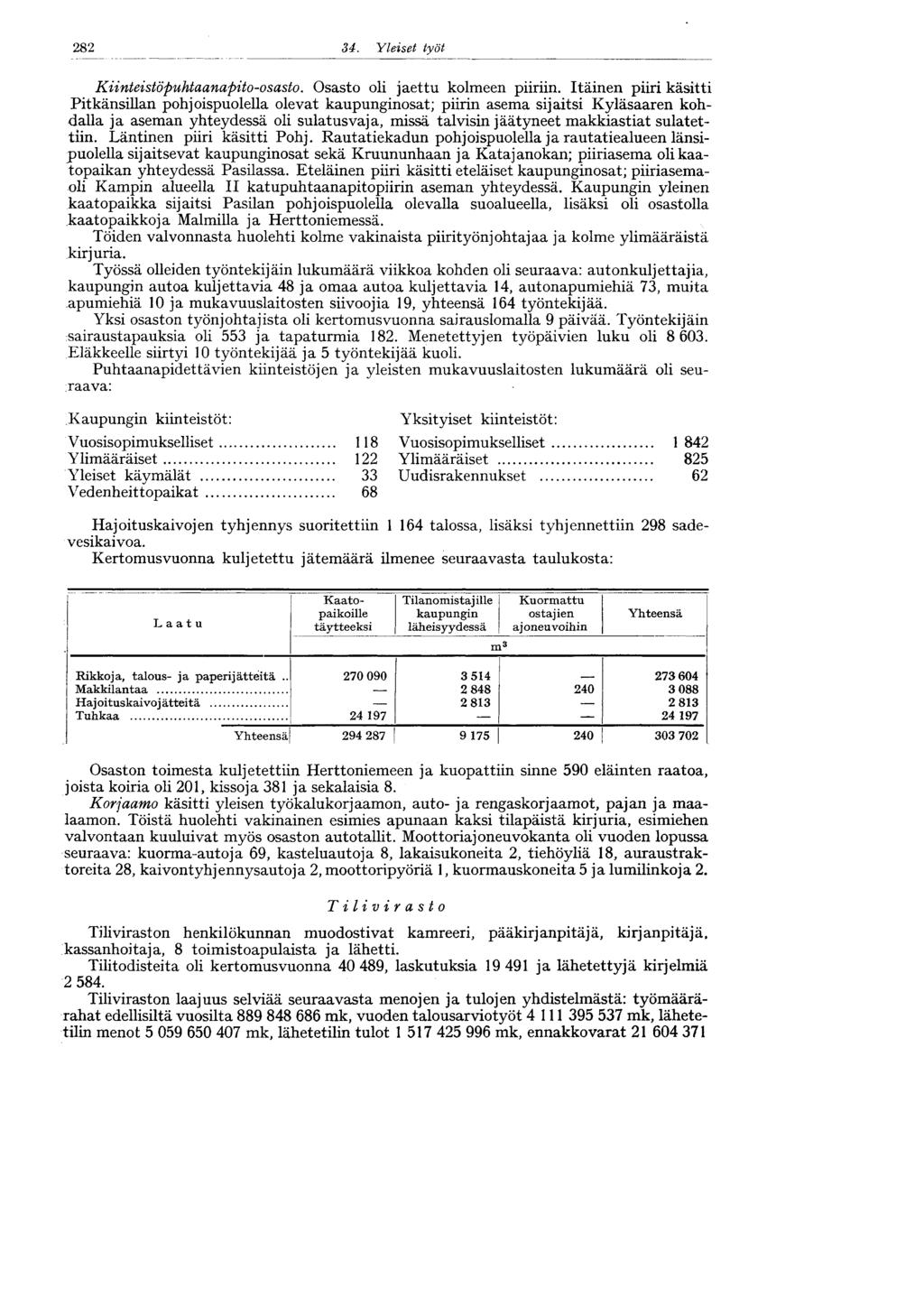 34. Yleiset työt 282 Kiinteistöpuhtaanapito-osasto. Osasto oli jaettu kolmeen piiriin.