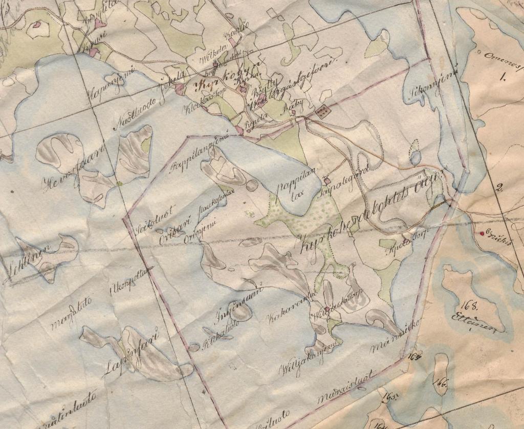 Karttaote 3. Tutkimusalue pitäjänkartaston kartassa Taipalsaari /(3134 05 Ia.*-/--). Kartta on vuodelta 1843. Pappilanniemen pellot on merkitty punaisella rajauksella.