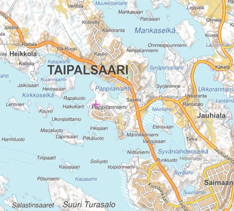 2. Kohteen sijainti ja tutkimushistoria Tutkimuskohde sijaitsee Taipalsaaren kirkonkylän eteläpuolella Pien-Saimaan Riutanselkään työntyvän Pappilanniemen länsireunalla.