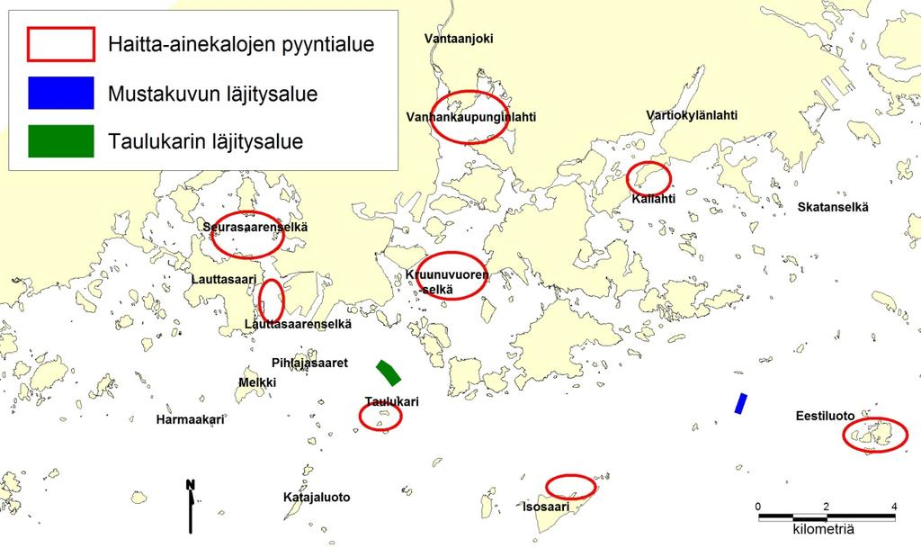 Kuva 34. Haitta-ainekalojen pyyntipaikat vuonna 211. Näytekalat mitattiin, punnittiin ja niiden sukupuoli määritettiin. Kaloista otettiin lihasnäyte orgaanisten tinayhdisteiden määritystä varten.