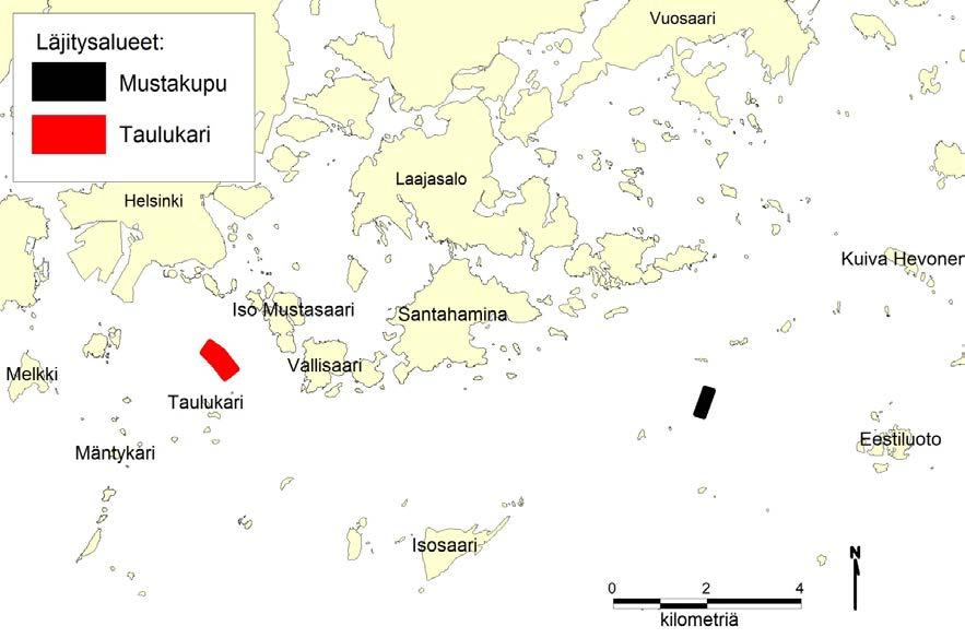 1 TAUSTAA Helsingin edustalla on kolme läjitysaluetta: 1) Taulukarin läjitysalue, 2) Mustakuvun läjitysalue ja 3) Vuosaaren sataman meriläjitysalue.