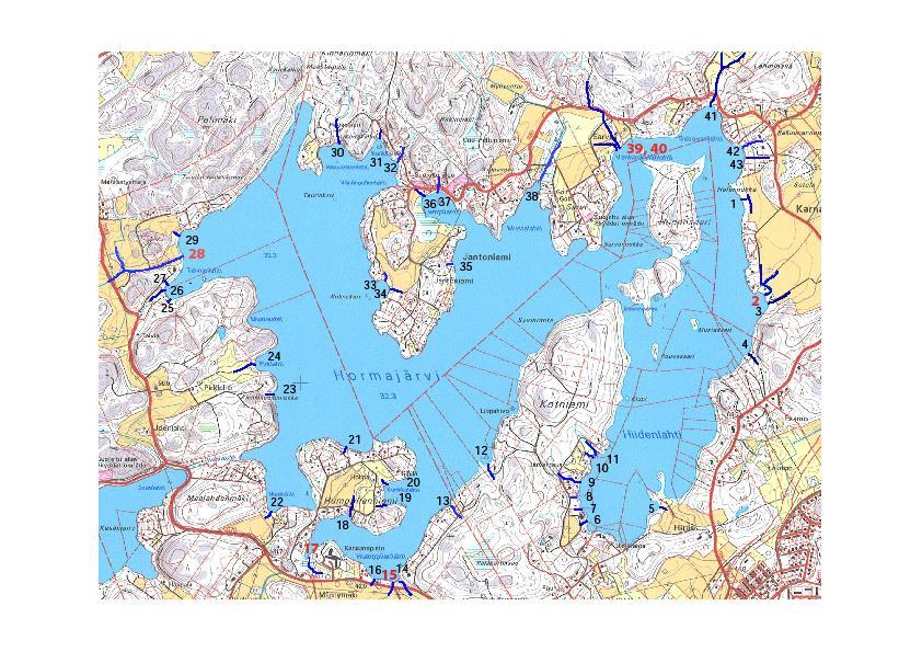 Kuva 8. Kartta Hormajärveen laskevista ojista (ojat on numeroitu 1-43). Keväällä 2011 (7. toukokuuta) tehtiin tilannekartoitus Hormajärveen laskevista ojista.