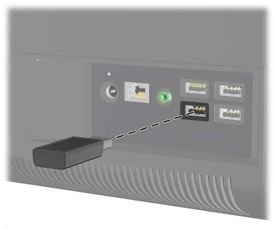 3. Liitä langaton vastaanotin tietokoneen USB-porttiin. Kuva 2-23 Langattoman vastaanottimen asennus 4. Varmista, että hiiren pohjassa oleva virtakytkin on Päällä-asennossa (1). 5.