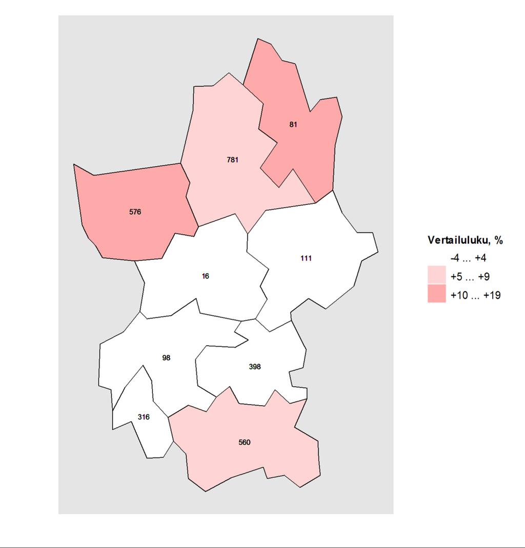 Kartta 1. Vammojen ja myrkytysten aiheuttamat hoitojaksot alueen kunnissa vuosina 2011 2015, vertailutiedot koko maan tilanteeseen. Kartta: Maanmittauslaitoksen Yleiskartta 1:4 500 000, 2011.