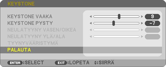 4. Valitse [VAAKA] painamalla -painiketta ja säädä sitten heijastetun kuvan ylä- ja alareuna yhdensuuntaisiksi - tai -painikkeella. Korjaa vaakasuuntainen trapetsivääristymä. 2.