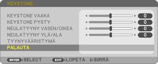 3. Käytännöllisiä toimintoja Palauta keystone- ja neulatyynysäädöt oletusarvoihin 1. Paina KEYSTONE-painiketta, kun mikään valikoista ei ole esillä.