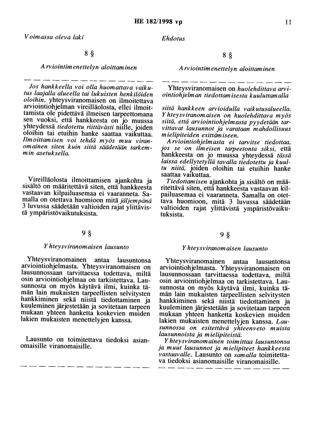 HE 182/1998 vp 11 Voimassa oleva laki Ehdotus 8 Arviointimenettelyn aloittaminen 8 Arviointimenettelyn aloittaminen Jos hankkeella voi olla huomattava vaikutus laajalla alueella tai lukuisten