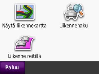 FM-liikennevastaan-ottimen käyttäminen Liikennekartan tarkasteleminen Liikenne- ja ruuhkatiedot näkyvät liikennekartalla värikoodattuina. 1. Kosketa karttasivulla liikennekuvaketta. 2.