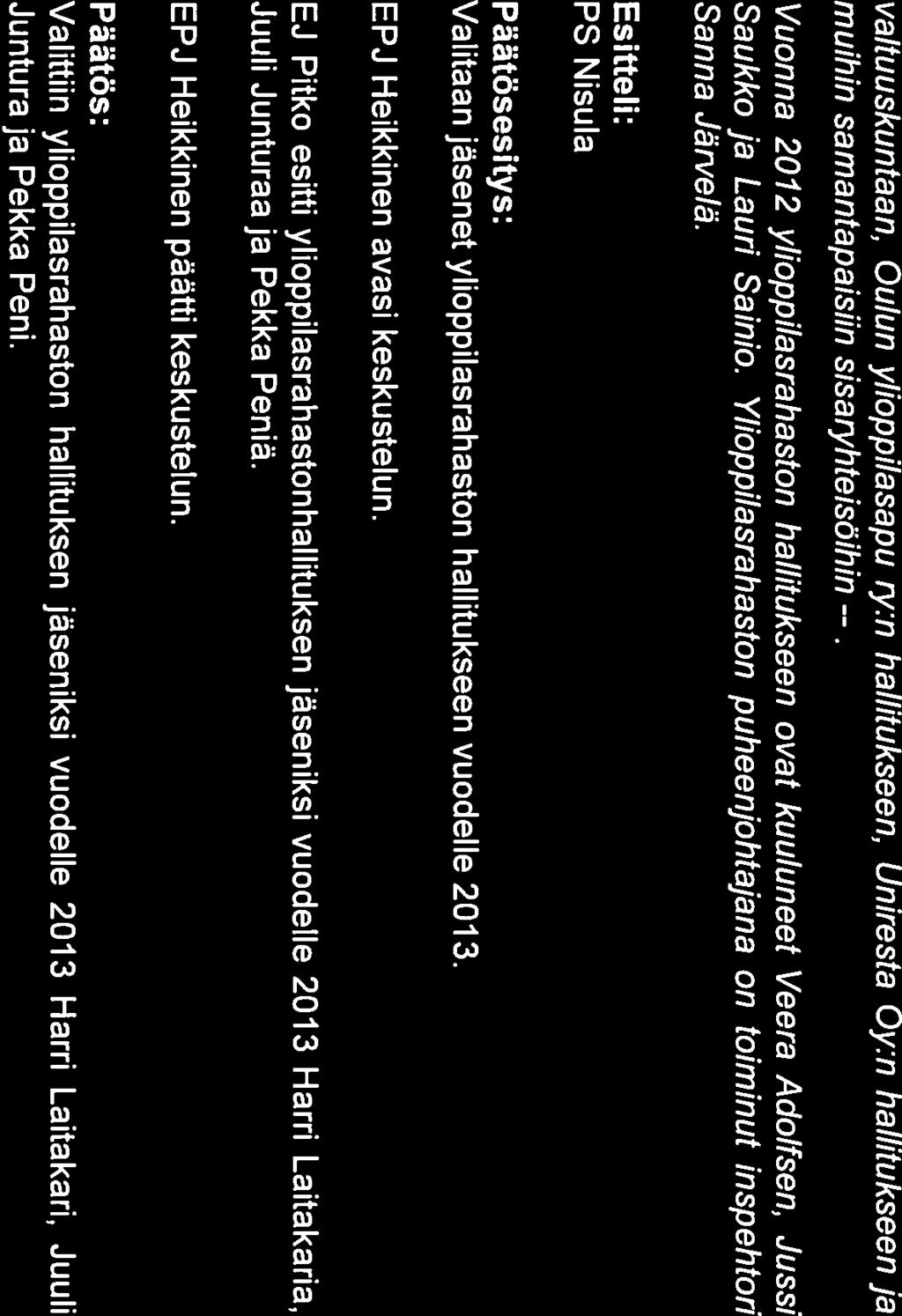 EJ Pitko esitti ylioppilasrahastonhallituksen jäseniksi vuodelle 2013 Harri Laitakaria, Juuli Junturaa ja Pekka Peniä.
