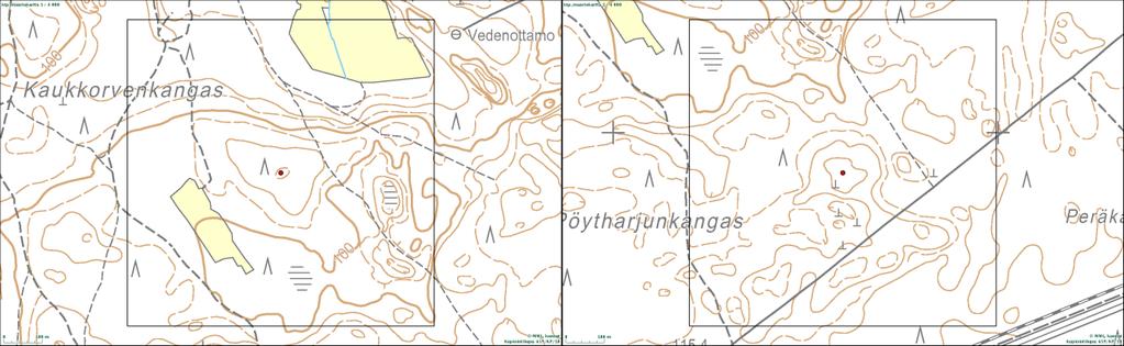 turbiinipaikalla K1. Katkoviivalla rajatut alueet: punainen= puustoinen suo (mahdollinen sarakorpi), sininen= rehevä lehtolaikku, vihreä= vähäpuustoinen suo. Pesä K2 K1 LIITE 2.