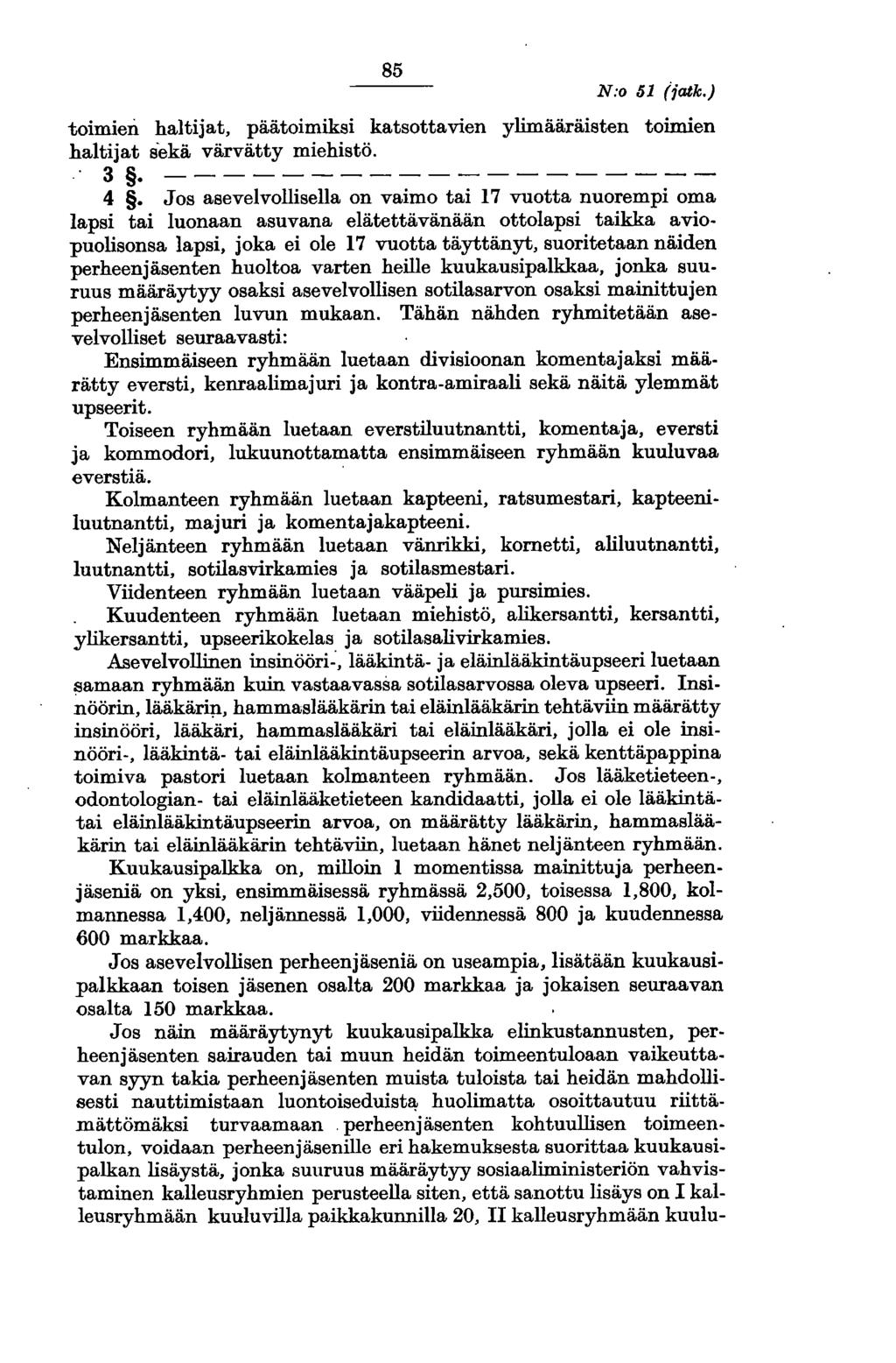 85 N:o 51 (jatk.) toimien haltijat, päätoimiksi katsottavien ylimääräisten toimien haltijat s'ekä värvätty miehistö. 3~------------------- 4.
