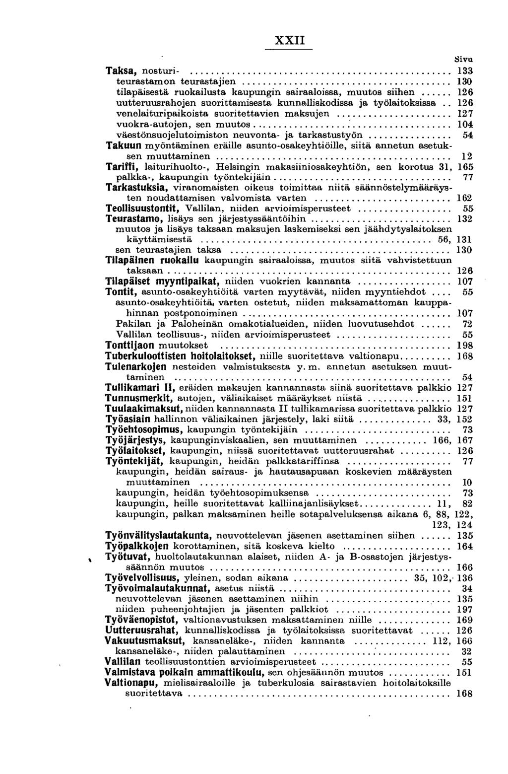 XXII Sivu Taksa, nosturi- _... _ 133 teurastamon teurastajien. _...................................... 130 tilapäisestä ruokailusta kaupungin sairaaloissa, muutos siihen.