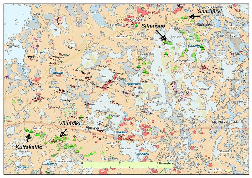 GEOLOGIAN TUTKIMUSKESKUS Kullaan Au-potentiaali 10 Alueella tavataan kaksi jäätikön virtaussuuntaa (kuva 6). Vanhempi on tullut suunnasta 310-320º ja nuorempi 280-300º.