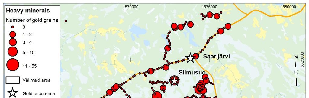 GEOLOGIAN TUTKIMUSKESKUS Kullaan Au-potentiaali 11 Kuva 7. Moreenin raskasmineraaleina olevan kullan määrän vaihtelu Kullaan alueella, kun näyteainesta on 10 litraa.