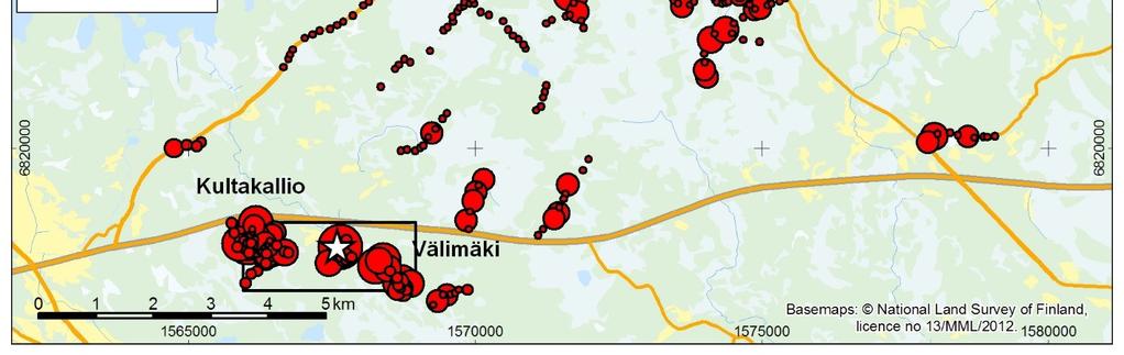 00). 2.4 Yhdistetty data moreenista Kun kaikki moreeniaineksesta analysoitu ja tutkittu tieto yhdistetään karttaan, voidaan Kullaan vyöhykkeellä erottaa useita kultakriittisiä osa-alueita (kuva 7).