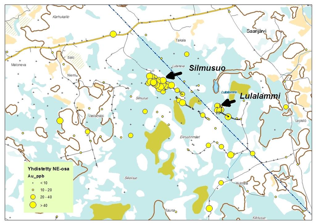 GEOLOGIAN TUTKIMUSKESKUS Kullaan Au-potentiaali 17 Murskeista tehtiin myös kokokivianalyysi, XRF-menetelmällä.