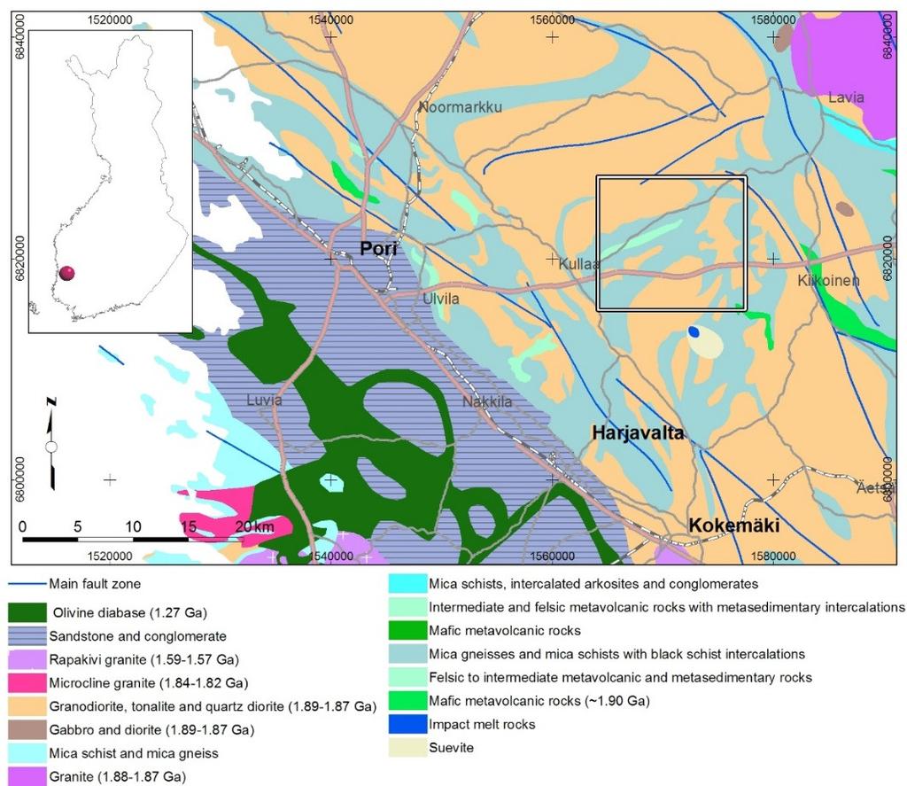 GEOLOGIAN TUTKIMUSKESKUS Kullaan Au-potentiaali 4 Kuva 1. Kullaan tutkimusalueen sijainti Suomen kallioperäkartalla 1.