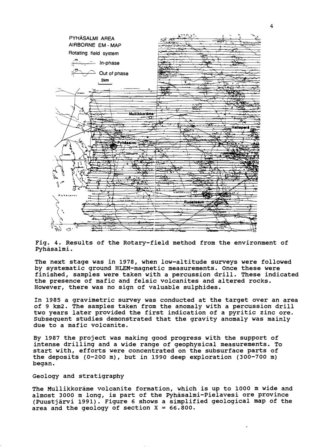 PYHASALMI AREA AIRBORNE EM - MAP Rotating field system,'* <. -,, - In-phase I* Out 01 phase 2km u Fig. 4. Results of the Rotary-field method from the environment of Pyhasalmi.