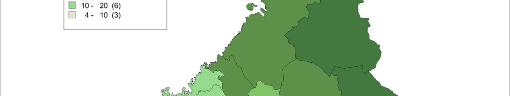 Lappi 72 34 106 Kainuu 68 32 100 Pohjois-Karjala 64 30