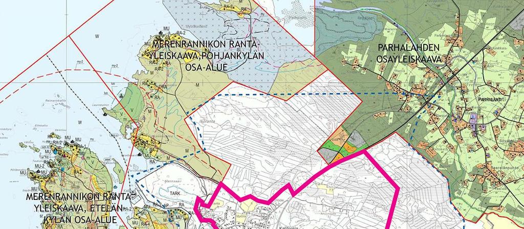 8 Kuva 5. Suunnittelualueeseen rajautuvat osayleiskaavat. Sininen katkoviiva osoittaa Pyhäjoen keskustan osayleiskaava 2010 aluerajauksen.