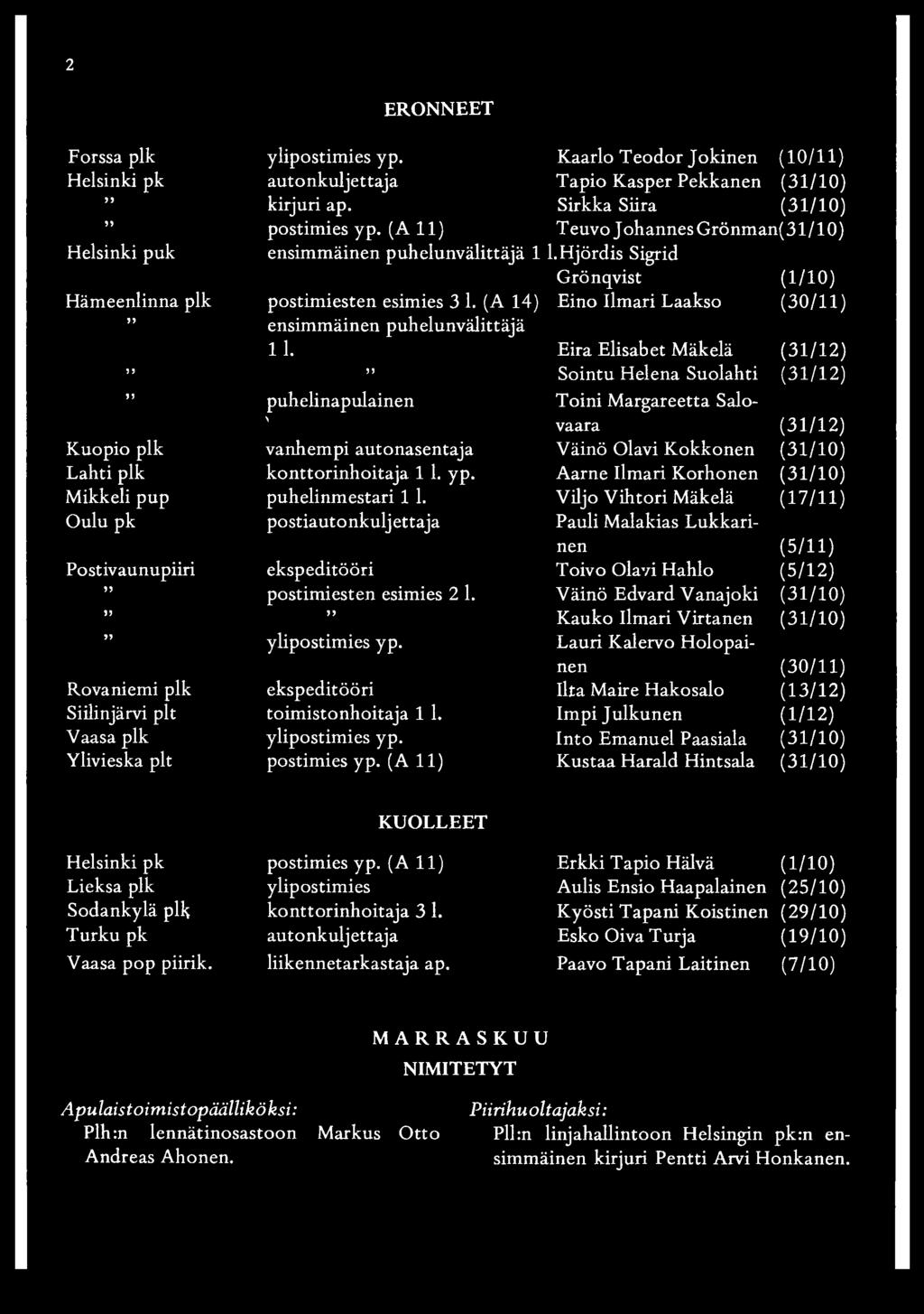 (A 14) Eino Ilmari Laakso (30/11) ensimmäinen puhelunvälittäjä 11.