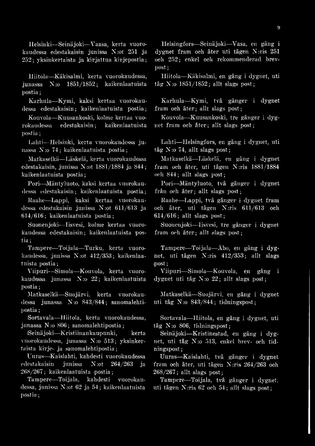 kerta vuorokaudessa ju nassa N :o 74 kaikenlaatuista postia Matkaselkä Läskelä, kerta vuorokaudessa edestakaisin, junissa N:ot 1881/1884 ja 844 kaikenlaatuista postia Pori Mäntyluoto, kaksi kertaa