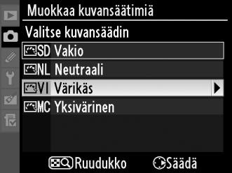 3 Valitse kuvansäädin. Voit korostaa kuvansäätimen ja painaa 2 tai jatkaa vaiheeseen 5 ja tallentaa kopion korostetusta säätimestä muuttamatta sitä painamalla J. 4 Muokkaa valittua kuvansäädintä.