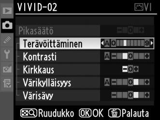 A Mukautetut kuvansäätimet [Palauta kuv.valikon oletusaset.] -toiminto ei vaikuta mukautettuihin kuvansäätimiin (s. 293). Mukautetuissa kuvansäätimissä ei ole [Pikasäätö]-vaihtoehtoa (s. 167).