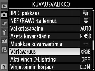 Väriavaruus Väriavaruus määrittelee värintoistossa käytössä olevien värien määrän. Valitse väriavaruus sen mukaan, kuinka valokuvia käsitellään siinä vaiheessa, kun ne siirretään pois kamerasta.