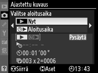 Ajastetun kuvauksen keskeyttäminen joksikin aikaa Ajastetun kuvauksen voi keskeyttää joksikin aikaa seuraavilla tavoilla: Painamalla J-painiketta kuvaussarjojen välillä Korostamalla ajastetun