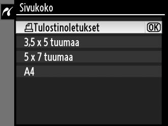 Q 3 Säädä tulostusasetuksia. Korosta vaihtoehto painamalla 1 tai 3 ja valitse se painamalla 2. Vaihtoehto Kuvaus Tuo näkyviin oikealla kuvatun valikon.