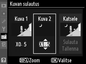 Optimoi kuvan sulautuksen valotus painamalla 1 tai 3, valitse kuvan 1 herkkyyssäädöksi arvo väliltä 0.