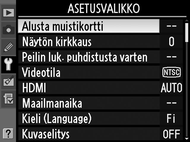 s Kameran valikot Useimpia kuvaus-, toisto- ja asetusvalikon vaihtoehtoja voidaan säätää kameran valikoiden kautta. Valikot saa näkyviin painamalla G-painiketta.