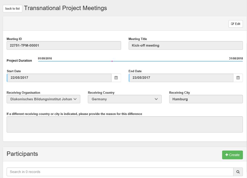 Transnational project meetings 3/6 Tarvittaessa pääset muokkaamaan kokouksen tietoja Edit-painikkeesta