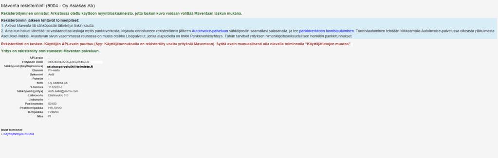 Klikkaa Käyttäjätietojen muutos, jolloin aukeaa ruutu, johon voi syöttää puuttuvan APIavaimen. Kirjaudu AutoInvoice-tilille AutoInvoice.visma.