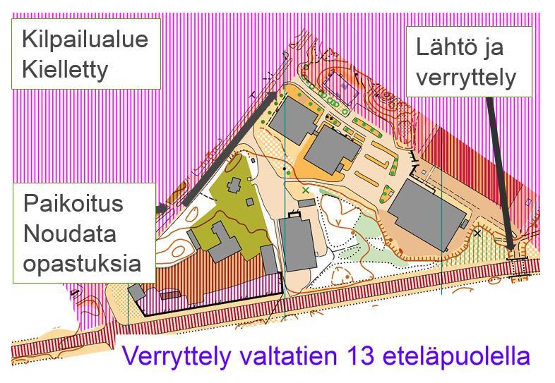 Verryttely Verryttely on mahdollista valtatie 13 eteläpuolella lähtöön johtavalla alueella (katso kilpailulueen kuva). Varo muuta liikennettä!