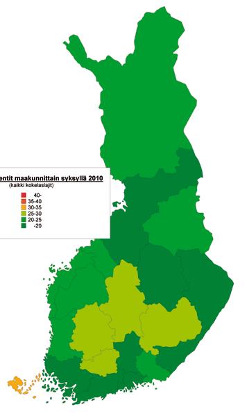 38 Y l i o p p i l a s t u t k i n t o 2 0 1 0 KUVIO 3.1.3 Hylkäysprosentit maakunnittain syksyn 2010 ylioppilastutkinnossa.