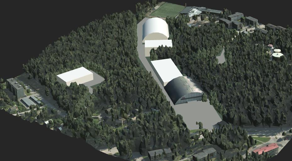 Periaatekuva 3D-mallista, muuttuva tilanne 3.3.2 Maisemarakenne sekä maa- ja kallioperä Suurimmat maastonmuotoilut tulevat jäähallin kohdalla ajoyhteyden rakentamisesta ja täyttöalueen tonttien 69-2, 69-3 ja 69-4 rakentamisesta.