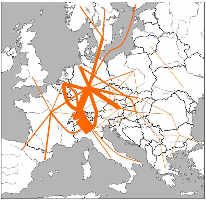 Kuva 10 Yhdistettyjen kuljetusten suurimmat kuljetusvirrat Euroopassa vuonna 2005 yksikköjen määrällä (TEU) mitattuna. Kuva lähteestä KombiConsult & K+P Transport Consultants 2006.
